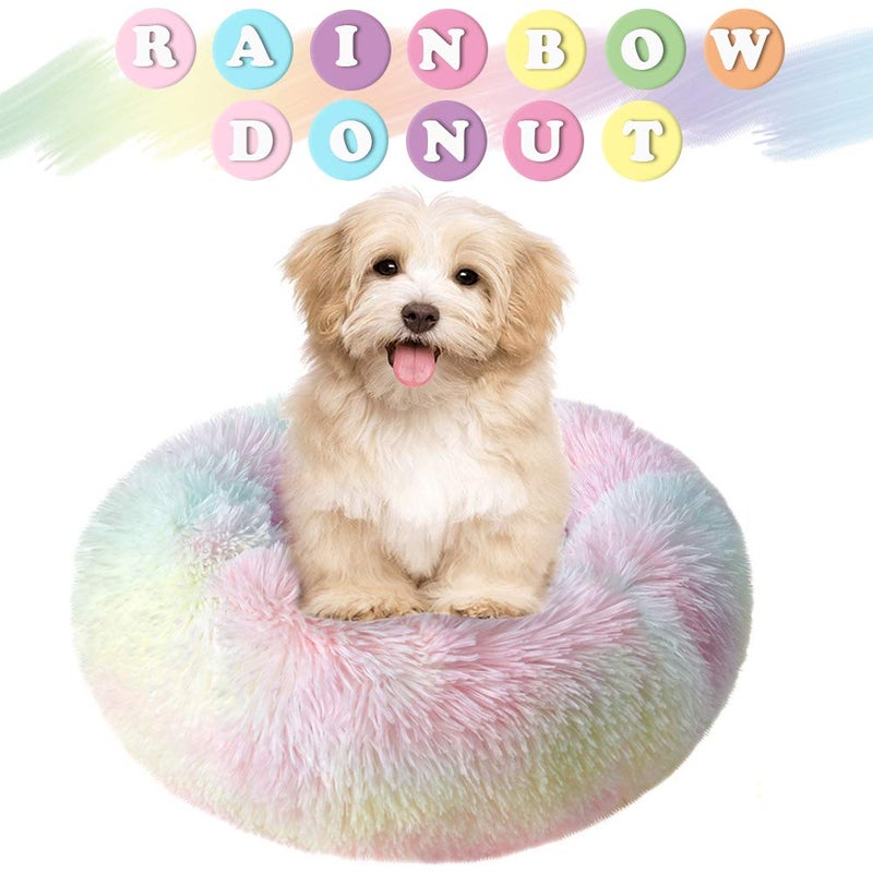 otoez Kitten Puppy Bed Extra Small XS Round Dog Cat Beds Anti Anxiety Plush Pet Calming Donut Bed with Non-Slip Waterproof Bottom, Washable (15.7", Rainbow) - Image 5